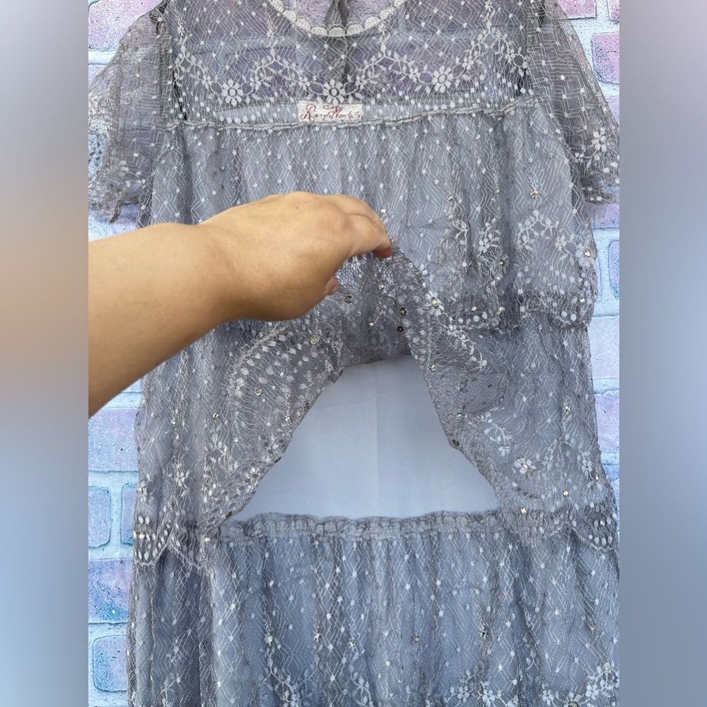 Vintage 1980s Rina Di Montella Silk with Tiered Lace and Rhinestones dress 10 - Picture 6 of 13